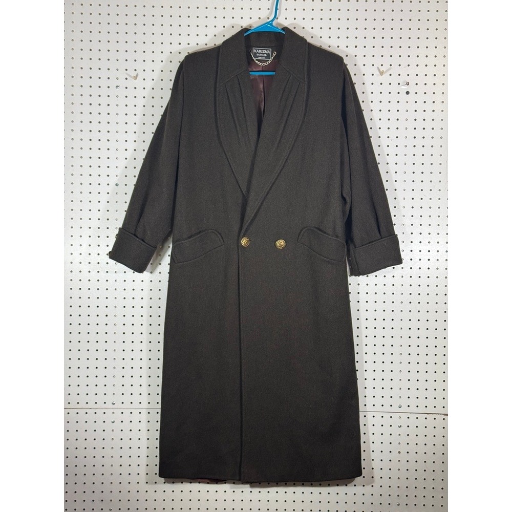 Vintage Karizma East Ltd Brown Wool Blend Long Overcoat Gold Crest Buttons USA